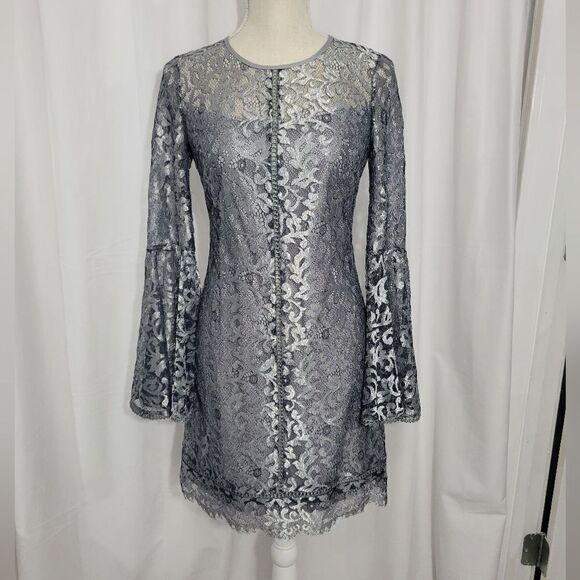 WHBM Metallic Lace Bell-Sleeve Shift Dress Women’s size 0 - Picture 4 of 14